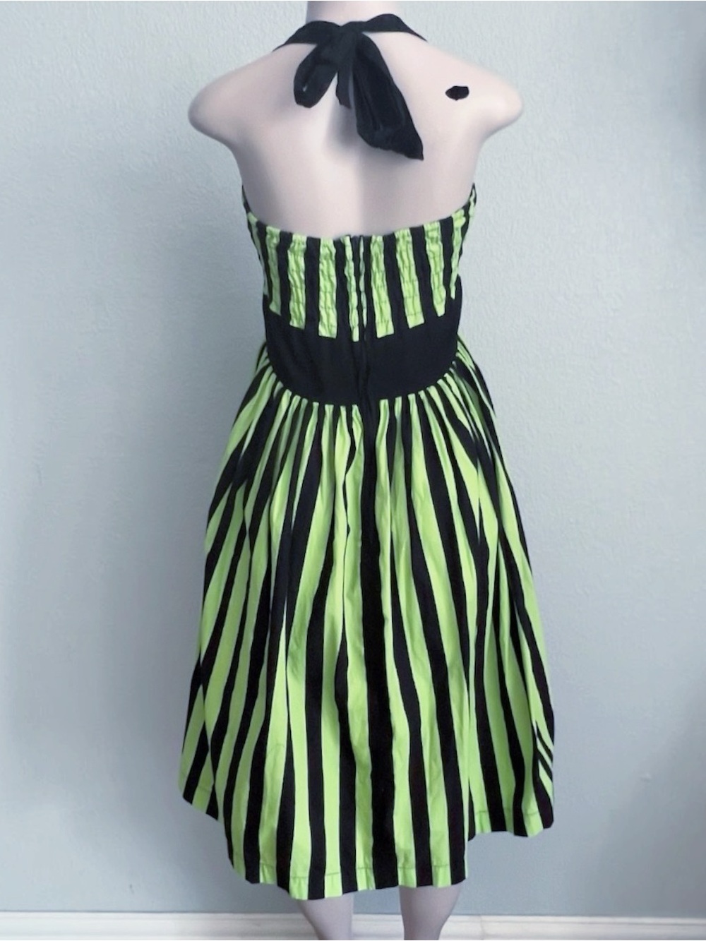 Magnolia Park Beetlejuice Costume Dress Green Black Striped Halter Rockabilly L - Picture 7 of 9